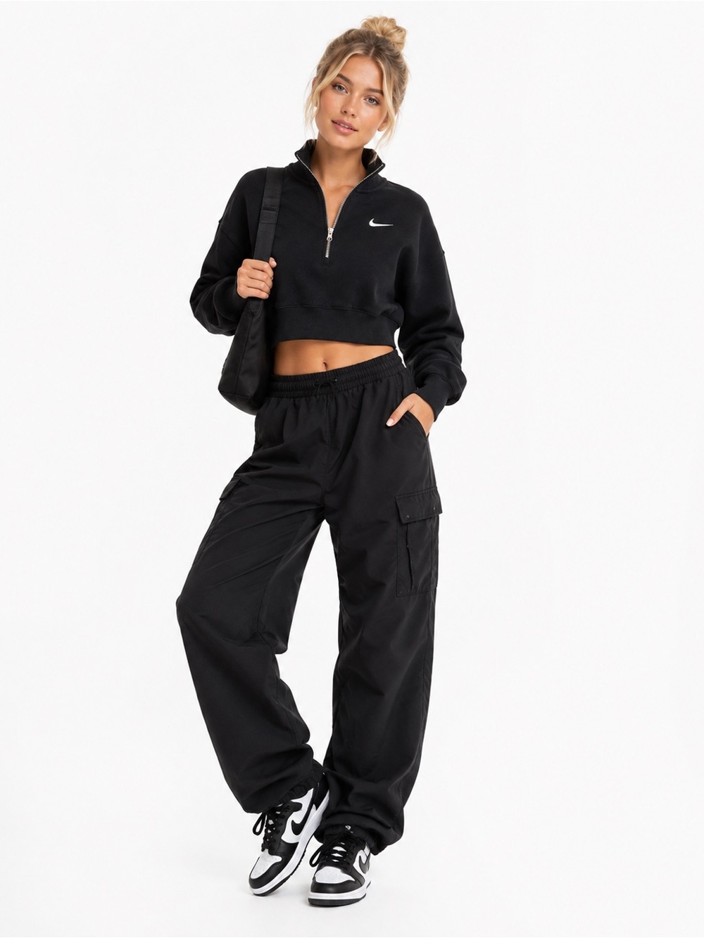 Nike Women’s Cropped Quarter Zip Fleece Sweatshirt Black XS Oversized Mock Neck
